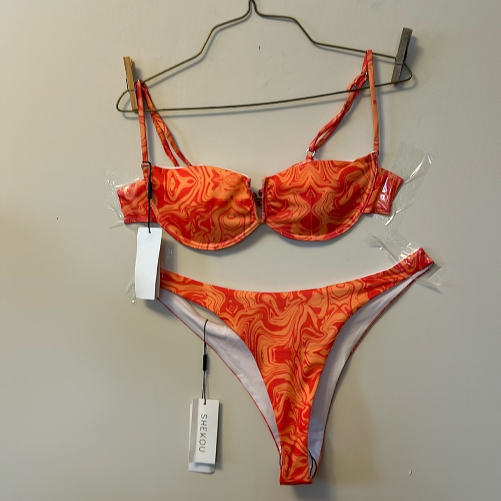Shekou Bikini made with recycled bottles bright orange print new w/ tags size L